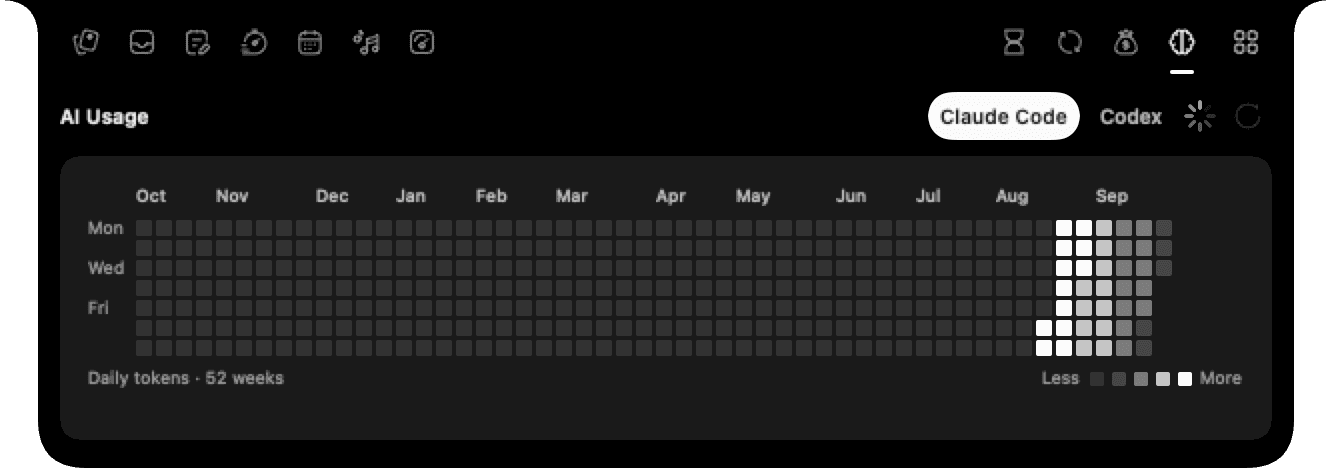 Assist AI Usage module showing a sample Claude Code daily token activity grid