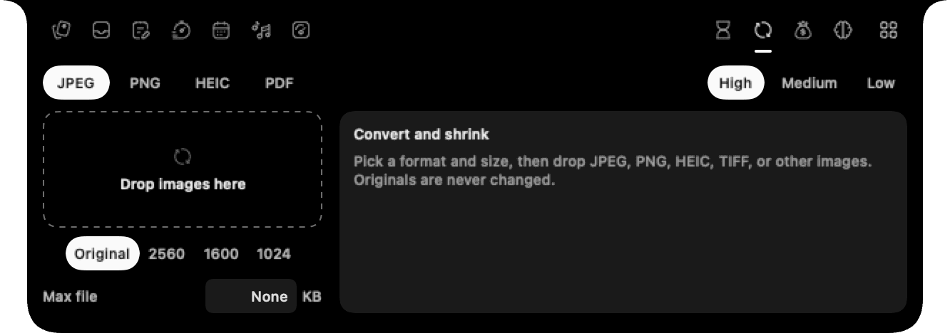 Assist Convert module showing image format, quality, and size choices