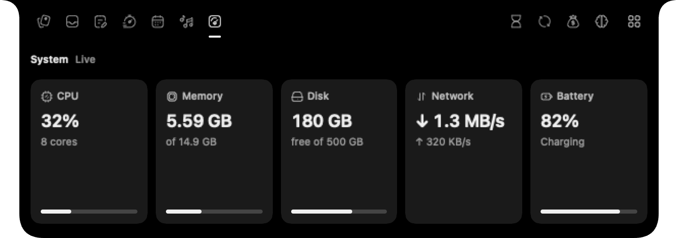 Assist System module showing sample CPU, memory, disk, network, and battery readings