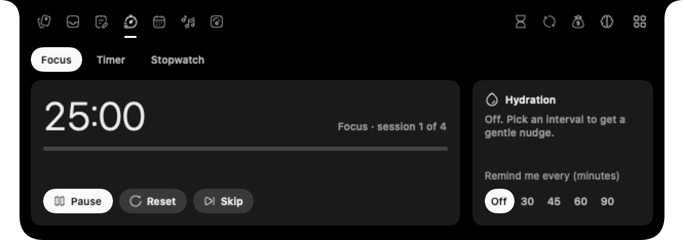 Assist Timers module showing a focus session and hydration interval controls